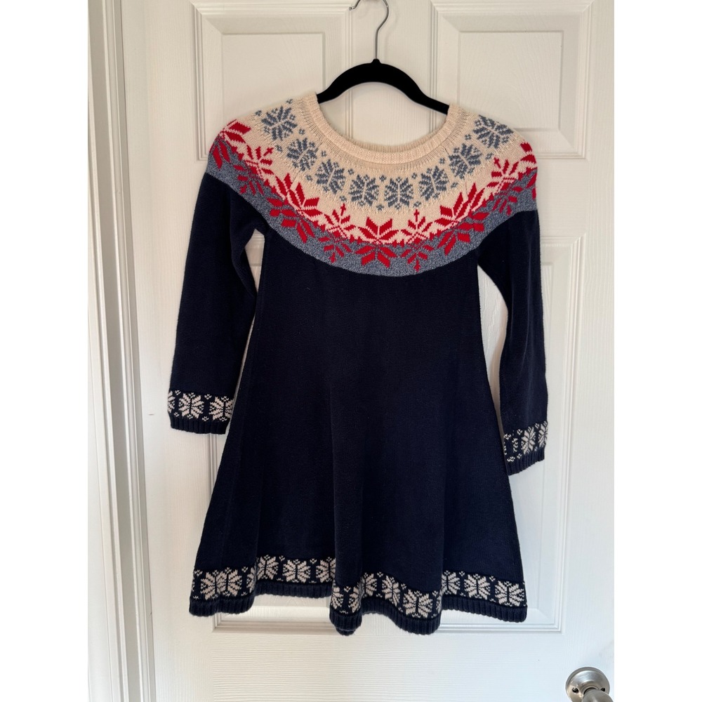Hanna Andersson Girls Navy Blue Fair Isle Snowflake Knit Sweater Dress Size 6/7